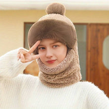 Women's Windproof Cycling Hat Scarf, Winter Plush Soft Neck Warmer, Cozy Warm Beanie Hat With Pom Poms