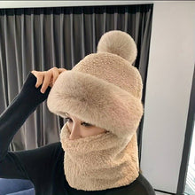 Women's Windproof Cycling Hat Scarf, Winter Plush Soft Neck Warmer, Cozy Warm Beanie Hat With Pom Poms