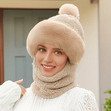 Women's Windproof Cycling Hat Scarf, Winter Plush Soft Neck Warmer, Cozy Warm Beanie Hat With Pom Poms