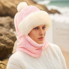 Women's Windproof Cycling Hat Scarf, Winter Plush Soft Neck Warmer, Cozy Warm Beanie Hat With Pom Poms
